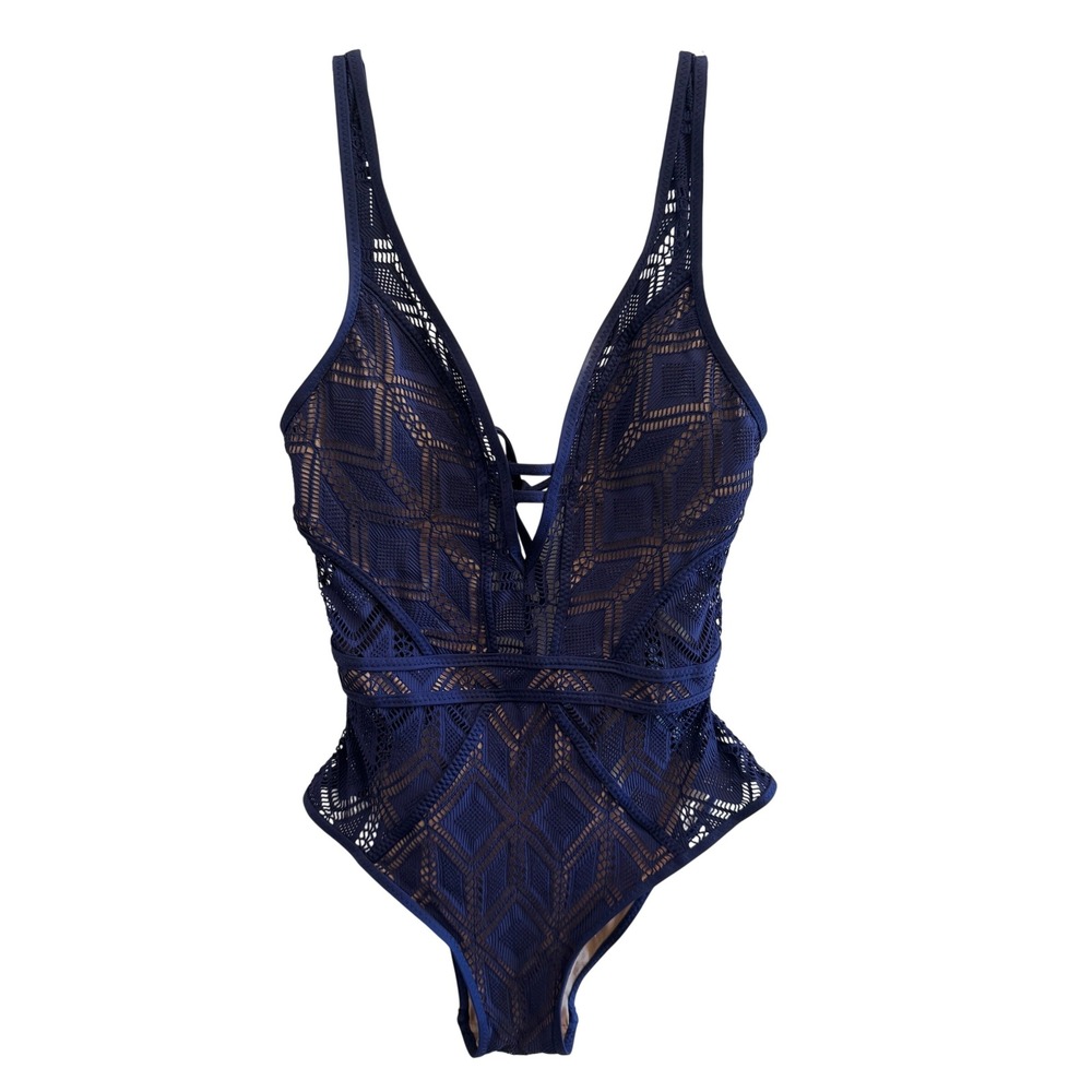BECCA by Rebecca Virtue WomenSmall Navy Blue Crochet One Piece Swimsuit 711007